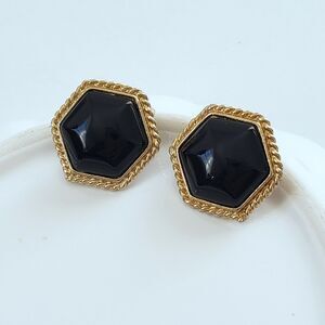 Vintage Earrings Black Lucite Geometric Goldtone Clip On Midcentury Modern Retro